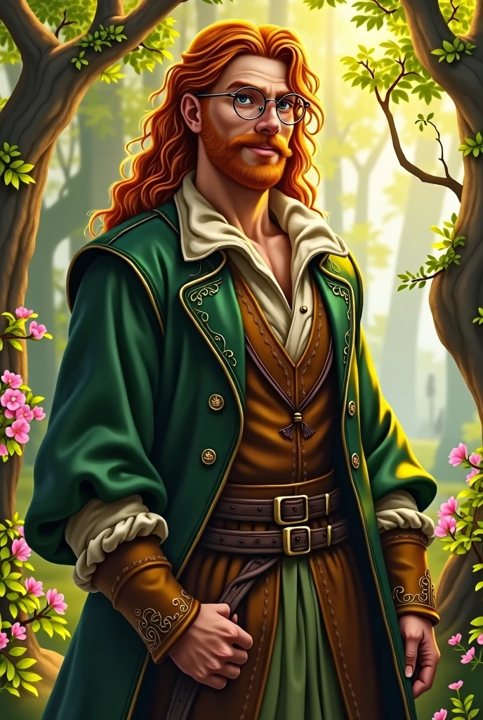 [majicMIX fantasy] ginger-haired renaissance prince, with long hair and a short beard, round glasses, green and brown clothing, a kind smile, soft muscular body type