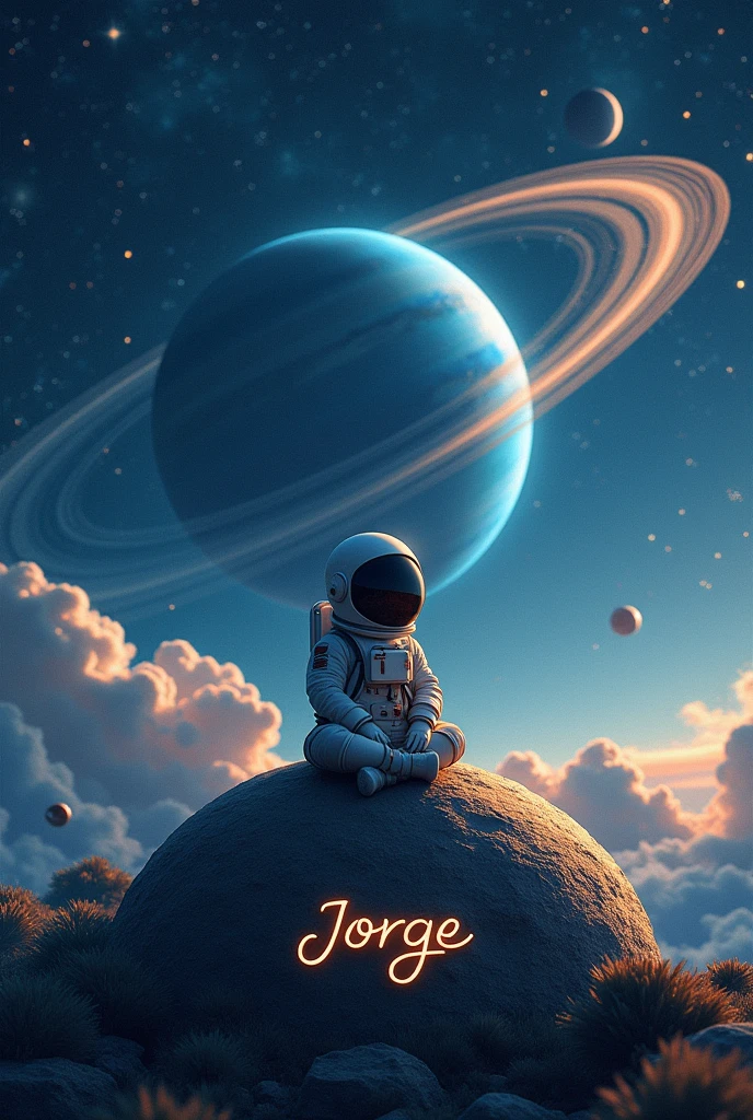 A cute  astronaut with a reflective black visor is sitting on a glowing dark blue planet, surrounded by a golden ring. the name "Jorge" is written in elegant golden script all over the planet. The background features a vibrant space scene with planets, moons and stars in various sizes and colors, including Saturn-like rings and a crescent moon. The scene has a cosmic, dreamy atmosphere with soft lighting and deep shadows., creating a magical and supernatural feeling