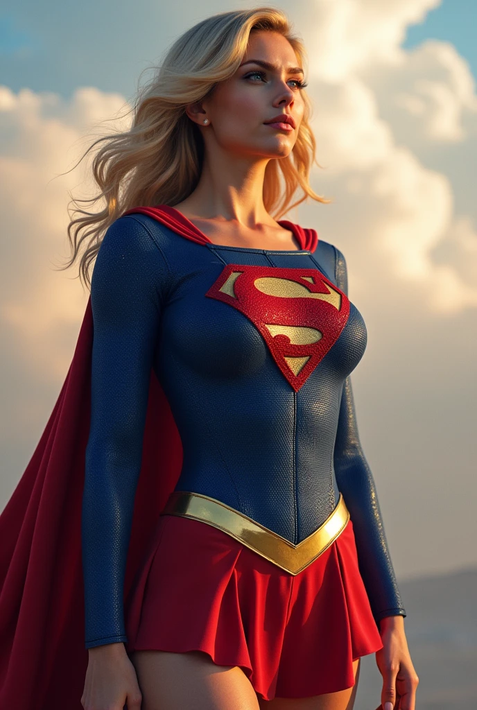 (Supergirl DC comics), Upper body shot, portrait photography, high contrast, vibrant colors, neon at night lights, best quality, masterpiece, sharp lines, 1girl, solo, looking at viewer, nice supergirl body suit with mini skirt, superhero style, blonde hair, fight pose, thunderstorm, cape, outdoors, city, sky, clouds, detailed face, detailed eyes, detailed hair,