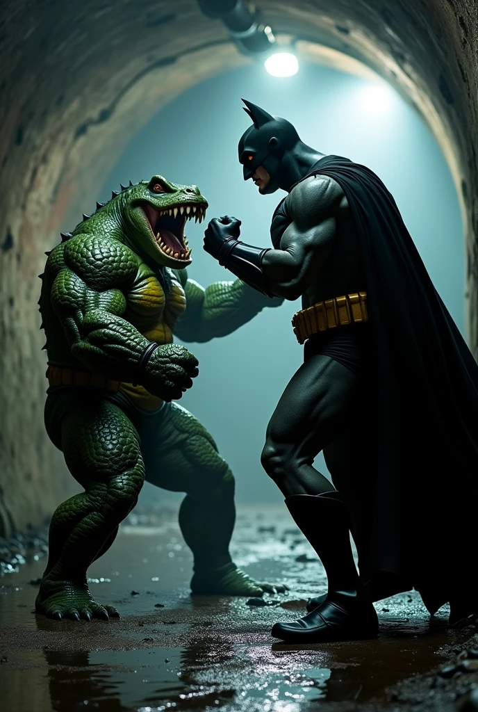 Muscular Batman fighting a hand-to-hand fight with the killer crocodile in the sewer