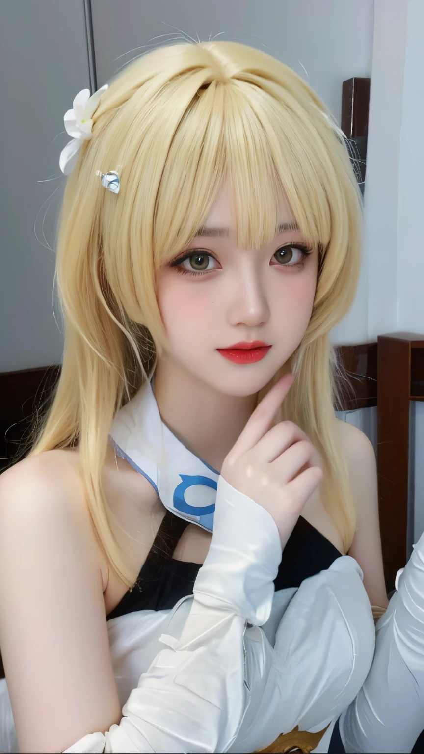ulzzang-6500-v1.1,(RAW photos:1.2),((Reality:1.30)), ((best quality)) ,((masterpiece)),((超high resolution)), ((Clear Vision)),,超high resolution,Clear face,(Reality:1.4) , Extremely delicate and beautiful, Extremely detailed ,Unite ,8k wallpaper, Astonishing, Fine details, masterpiece,best quality,Official Art,Extremely detailed , Huge file size, Extremely detailed, high resolution, Extremely detailed,Beautiful and delicate girl, Extremely detailed eyes and face, Beautiful and delicate eyes,Ambient Lighting, 1 Girl, Genshin Impact, Blonde Hair, Flowering, Hair between the eyes, Hair accessories, Bangs, White Dress, Separate sleeves, Medium breasts,Bare shoulders, White translucent stockings,The thighs can be seen,Anime idol poses,Face Focus, Looking at the audience,Simple background,White background,indoor