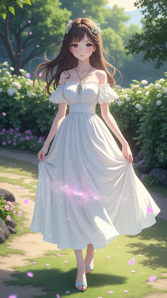 (masterpiece、Highest quality、8k、High resolution)、One female、(Beautiful Face、Beautiful Face)、Beautiful eyes、Beautiful lips、Beautiful nose、Brown-black hair、(The best girl in anime)、Sandy beach with a view of the forest、A bright night with stars visible、full moon、milky way、体whole bodyから神秘的な光の粒子、Colorful light particles、A mysterious light glowing around the head、melt、jewelry、necklace、dress、(whole body)、Highly detailed anime art、A complete portrayal、