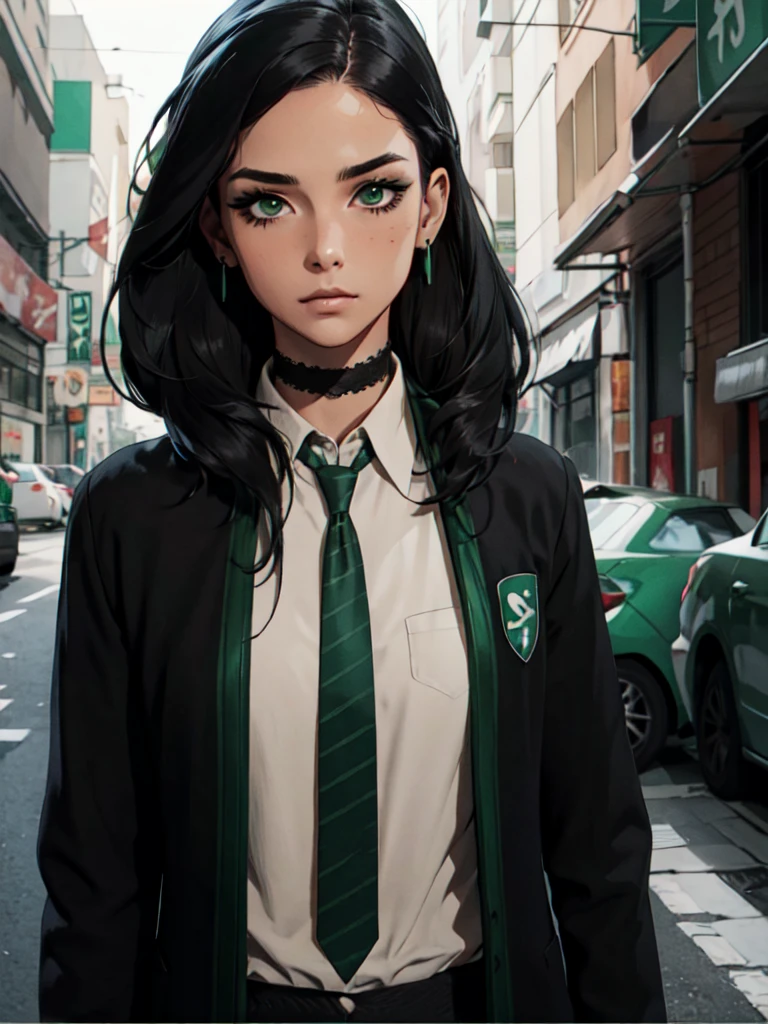 1girl, ((hair over eye)), (tight black lace blazer), black tie, ((long hair)), ((straight hair)), (((black hair))), side swept bangs, white skin, pale, white, (green eye), tired expression, choker, ((dark makeup, mascara, eyeshadow)), mole under eye, multiple piercings, best quality, 8k, cyberpunk city, neon streets, white shirt, erotic, slytherin