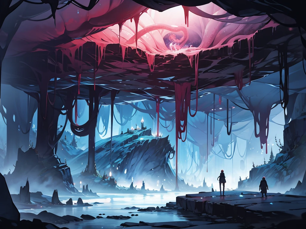 A cave filled with tentacles、dim、Scary atmosphere、Background illustration