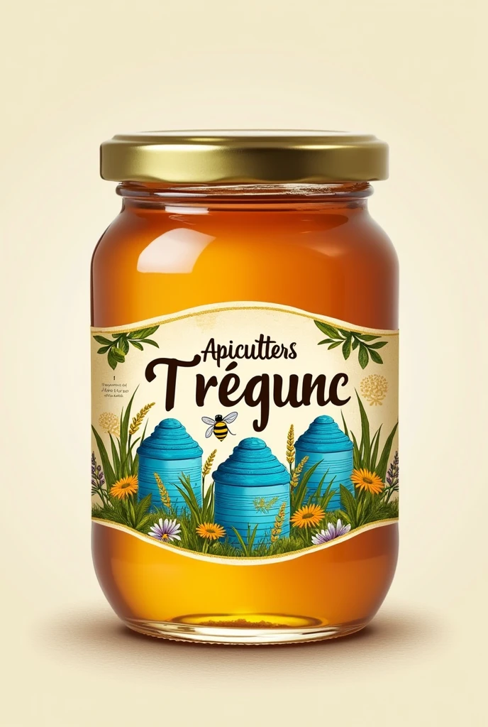 Je souhaite des étiquettes pour mettre sur les pots de miel avec écrit apiculteurs MJC 
 Trégunc, avec une abeille et des ruches bleues 