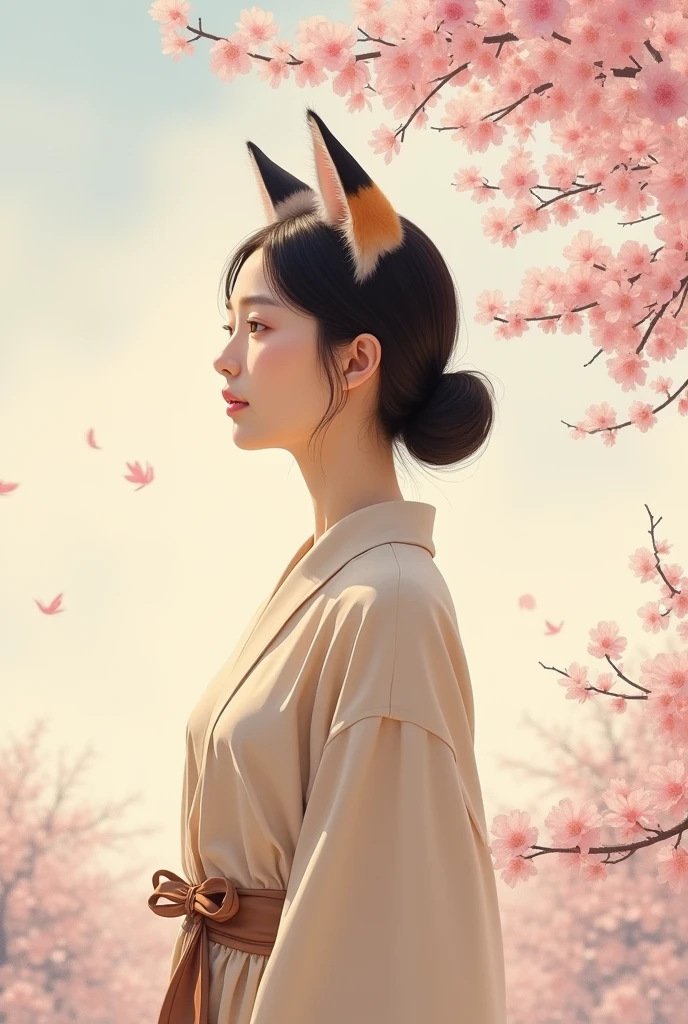A graceful 50-year old Japanese woman who is wearIng a beige blouse with her long hair tied into single bun at back of her head. She has cat's ears. The cat ears are proportionate and blend naturally with her hair. Make it a realistic image but not photo like. Front side of the cat ears are all pink without white fluffy fur. The back of the ears should be calico pattern which has patches of white, black, and orange colors.