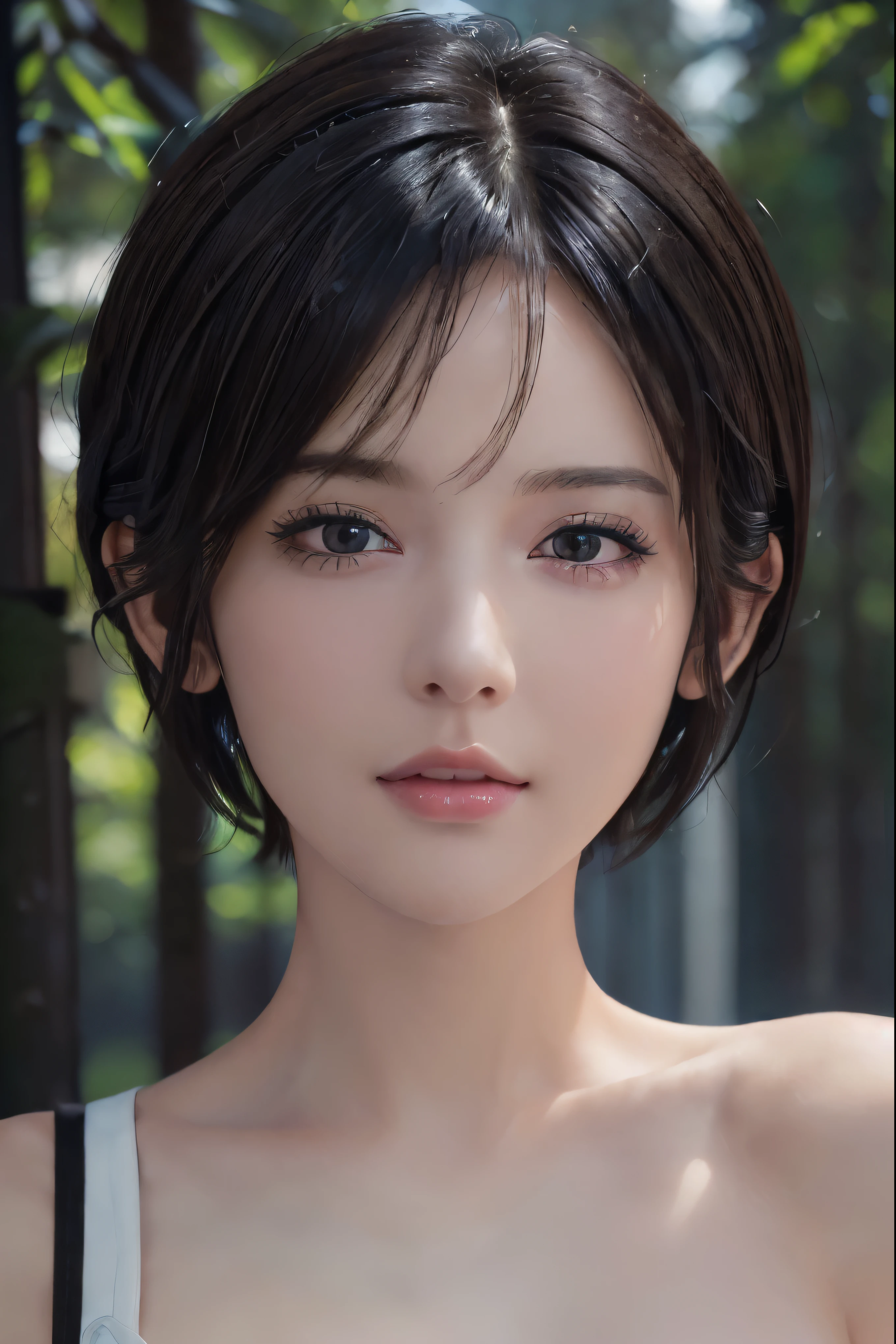 (masterpiece:1.3), (8k, photorealistic, RAW photo, best quality: 1.4), (1girl), beautiful face, (realistic face:1.2), (black hair, short hair:1.3), beautiful hairstyle, realistic eyes, beautiful detailed eyes, (realistic skin1.4), beautiful skin, (white swim), absurdres, attractive, ultra high res, ultra realistic, highly detailed, golden ratio, pores, 