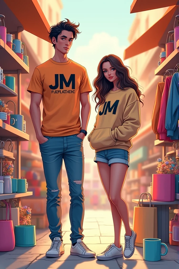 Create an image that says JM Fashion on a t shirt and on a sweat shirt and man and waman waring the t shirt and the sweat shirt surrounded by tote bugs, mugs, phone cases, ather t shirts and sweat shirts