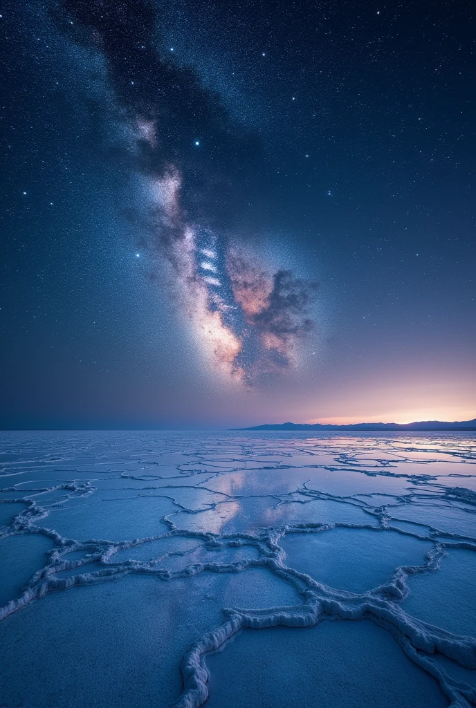 ((masterpiece, highest quality, Highest image quality, High resolution, photorealistic, Raw photo, 8K)), ((Extremely detailed CG unified 8k wallpaper)), The starry sky reflected in the Uyuni Salt Flats,