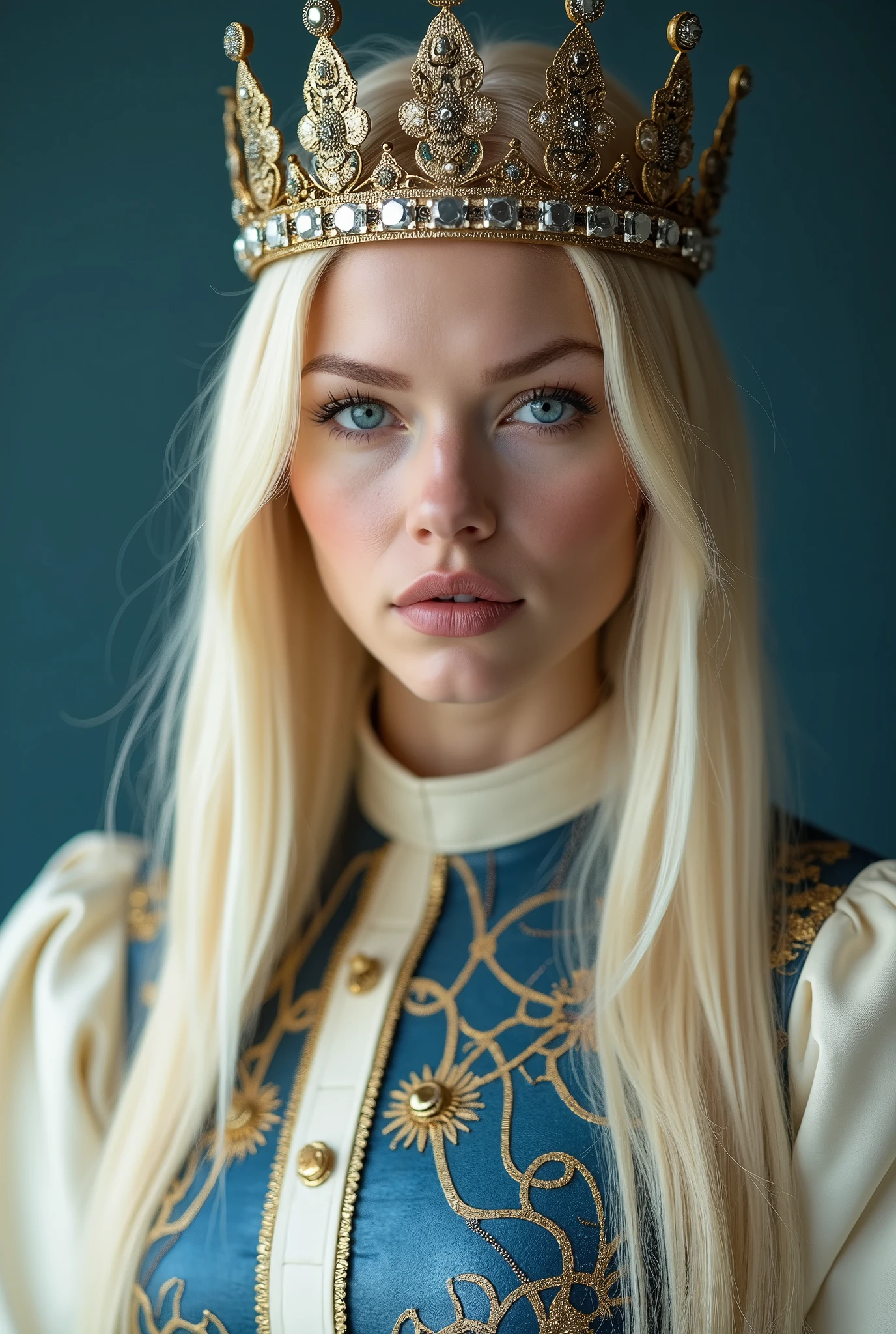 from face, official portrait, full view of a queen, a 30 years old woman, very long blond hair, blue eyes, slim, she wears a futurist cream and blue dress made from a mix of printed circuit board alloy and leather fabric, futurist crown, no background