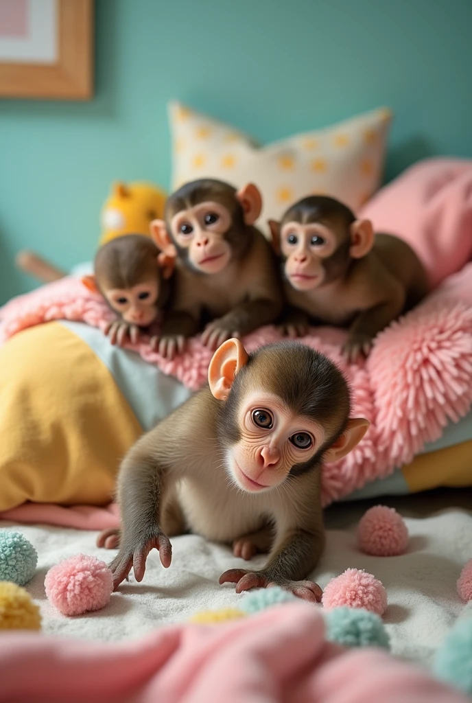 Out of five one  a monkey falling off the bed and bumping its head, with a surprised or concerned expression. The other 3d monkeys should look worried or surprised