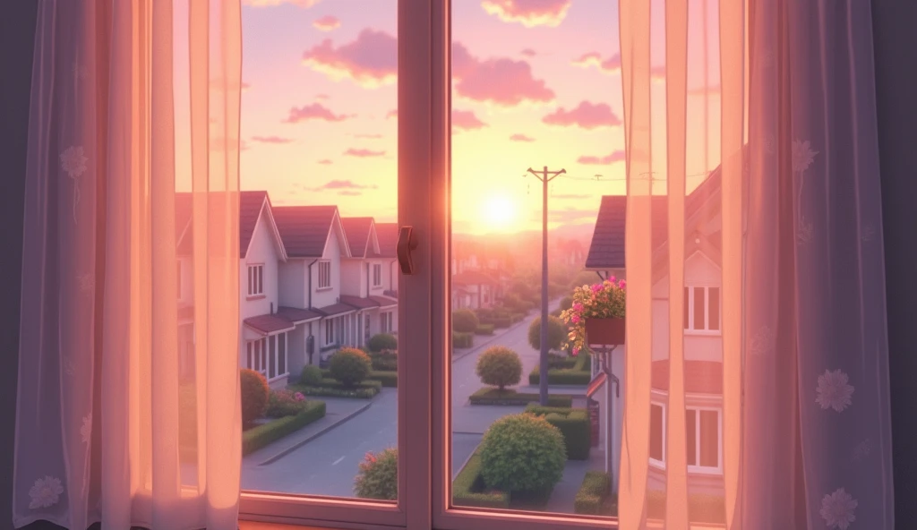 Close-up of the exterior of a curtained bedroom window。Quiet suburbs at dawn。Looks like an anime