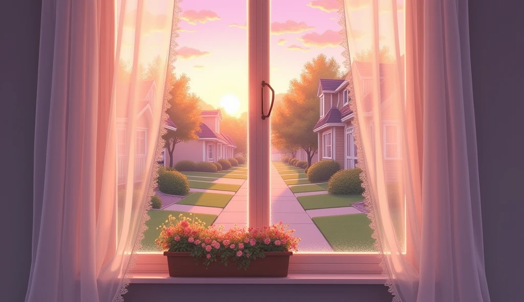 Close-up of the exterior of a curtained bedroom window。Quiet suburbs at dawn。Looks like an anime