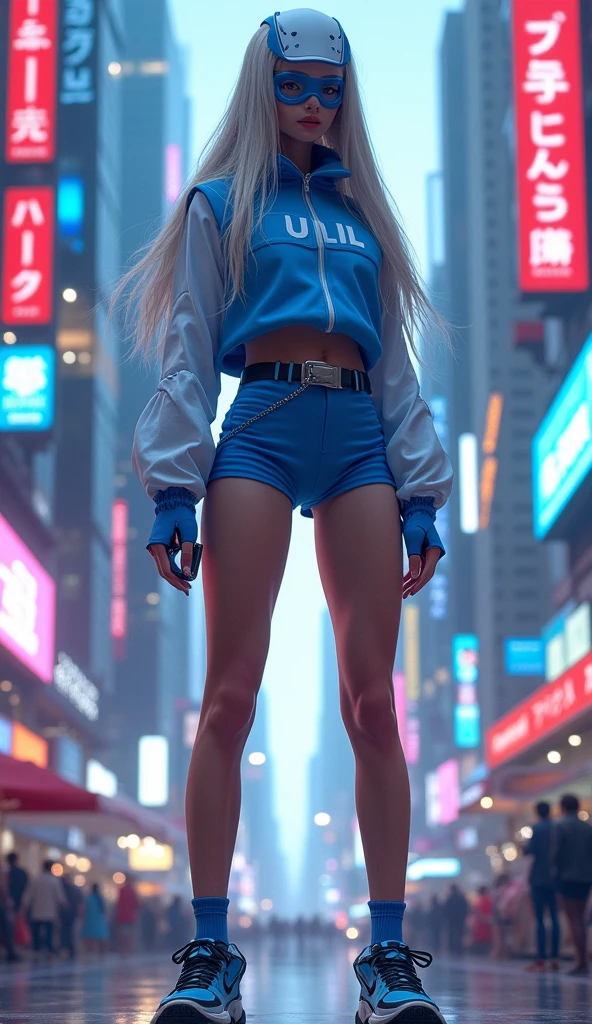 Make a 3D character image with a female gender and has long hair and wears a mask on her face and wears a sexy blue and white dress with a shirt that says ULIL and wears shorts and wears high-tech shoes and a metropolis background and holds a cellphone in her hand.