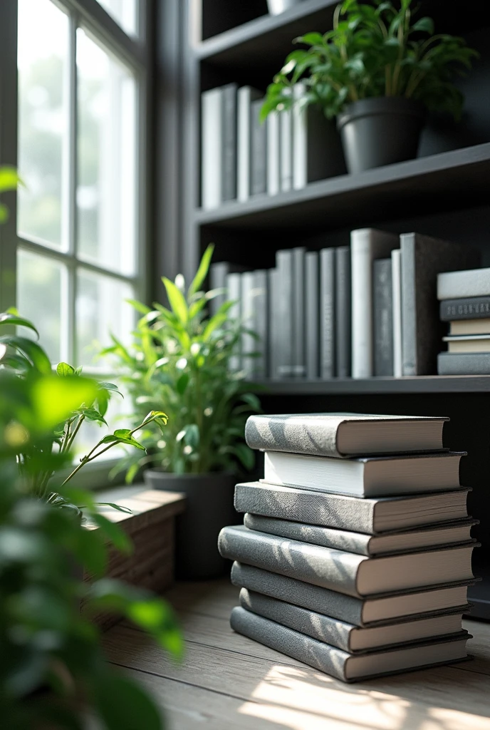 Create Office Background Image from Grayscale Books and Green Plants with Window on Left
