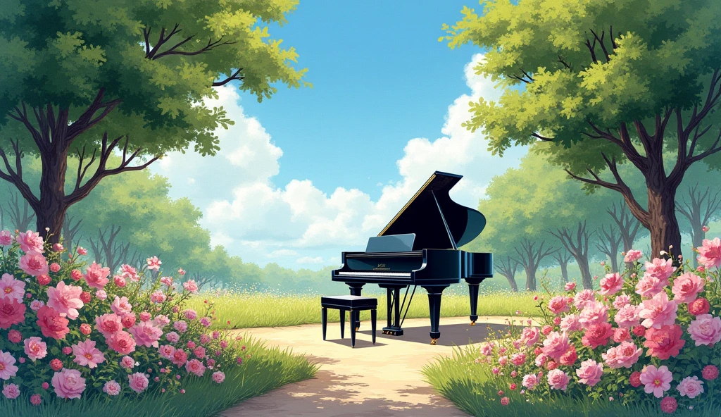 Bright summer daylight. A large black grand piano is placed in a sprawling flower garden, pink and white flowers are in full bloom, and soft sunlight is shining on them. The sky is a clear blue, with few clouds and strong sunlight casting shadows on the earth. The trees in the distance are dark green, expressing the vividness of summer. Overall, bright, warm light fills the scene, vividly depicting the beauty of nature.” Paint in the style of a watercolor painting.
