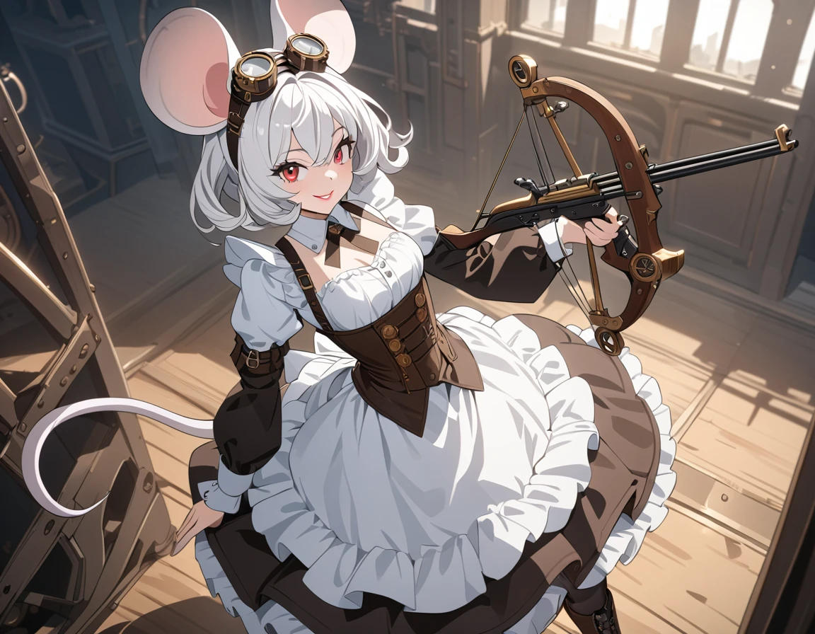(best quality,4k,8k,highres,masterpiece:1.2), ultra-detailed, Pretty anthropomorphic mouse girl, drawn in anime style, steampunk, wearing a yellow frilly dress with long sleeves, white apron, petticoat, corset, long curly white hair and red eyes, beautifully detailed lips with lipstick, white fur, smiling, mouse ears, mouse tail, steampunk hat with goggles, high heeled boots, black pantyhose, holding a crossbow, standing up elegantly.