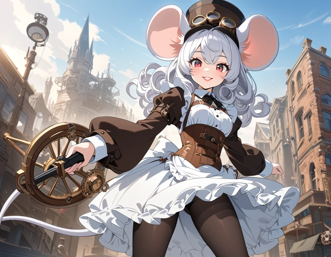 (best quality,4k,8k,highres,masterpiece:1.2), ultra-detailed, Pretty anthropomorphic mouse girl, drawn in anime style, steampunk, wearing a yellow frilly dress with long sleeves, white apron, petticoat, corset, long curly white hair and red eyes, beautifully detailed lips with lipstick, white fur, smiling, mouse ears, mouse tail, steampunk hat with goggles, high heeled boots, black pantyhose, holding a crossbow, standing up elegantly.