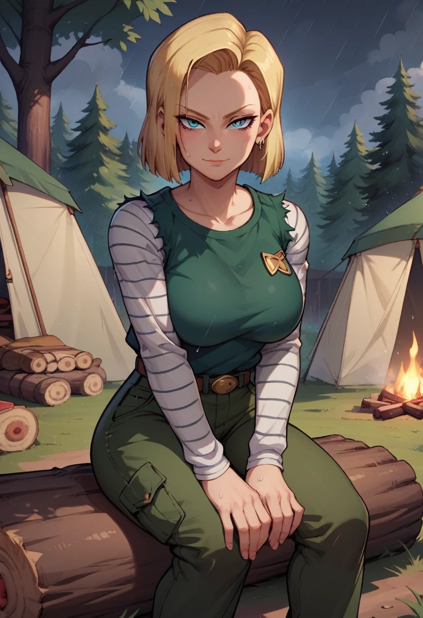 score_9, score_8_up, score_7_up, score_6_up, BREAK android 18, wearing green cargo shirt, cargo pants, big breasts, fully clothed evil smirk, sweating, in a forest, looking at viewer, raining, setting up a tent, campfire, dark clouds, hands resting on knees, sitting on a log