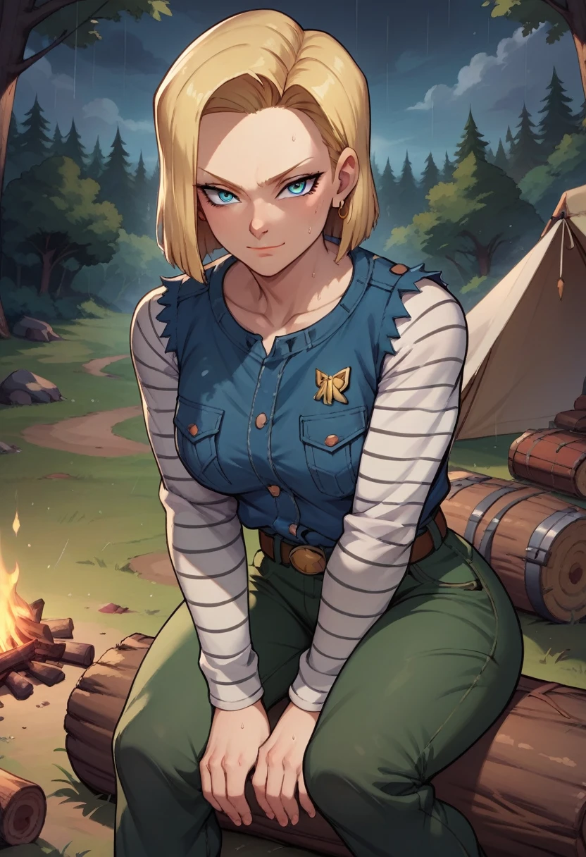 score_9, score_8_up, score_7_up, score_6_up, BREAK android 18, wearing green cargo shirt, cargo pants, big breasts, fully clothed evil smirk, sweating, in a forest, looking at viewer, raining, setting up a tent, campfire, dark clouds, hands resting on knees, sitting on a log