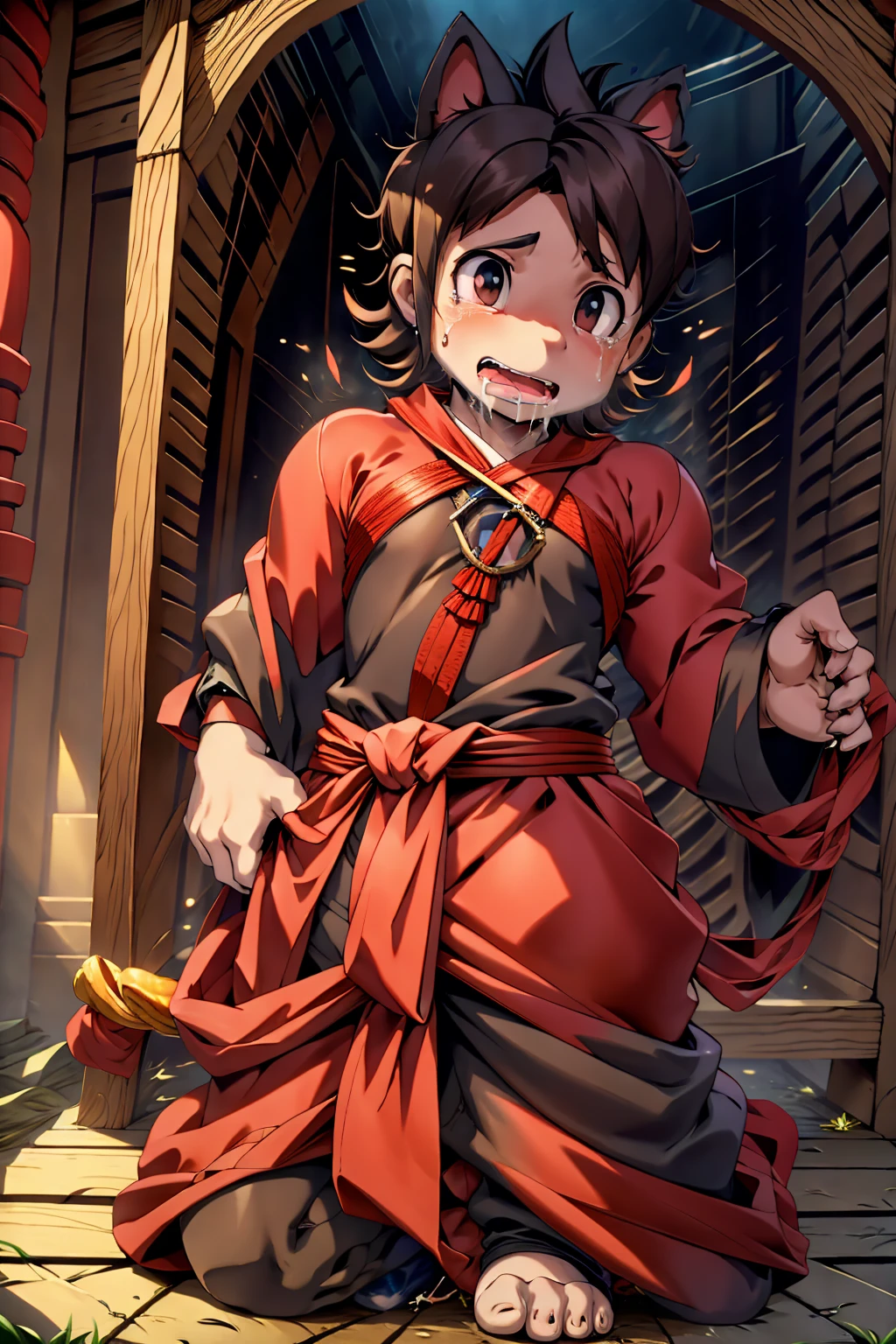 Huge muscles,Crying face,Lots of drool and sweat,Harness,Young face,teenager face,Huge erect penis,Full body image,Young body,Shrine maiden costume