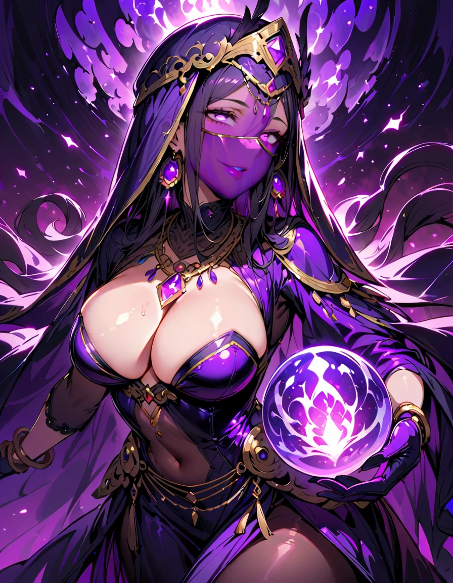 1 mature woman,,(Highest quality,Extremely detailed depiction,Incredibly absurd high resolution,Anatomically accurate depiction,Curvy Legs,Shiny skin),(Sexy fortune teller),(A face veil that hides the mouth:1.5),(Luxurious accessories,Earrings,necklace,Bracelet,Long gloves,Intricately crafted costumes,See-through,black tights),eyelash,(Purple Eyes,Detailed pupil,Half-closed eyes:1.5,Crazy Eyes,There is cleavage in the chest,Wicked Smile,shiny purple lips),(Holding a mysteriously glowing crystal ball:1.3),background:Sea of stars:1.5,Mysterious atmosphere