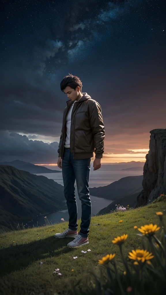 Background: An empty and dark area, perhaps a void or a cliff. The sky is completely dark, no stars. There is a storm cloud in the distance. 
Figures: The same person, standing alone and hopeless. His face is in his hands, his eyes are closed and his head is bowed. He is wearing the same dark-coloured jacket and jeans. There are withered flowers around him. There is a feeling of emptiness and deep loneliness around the person. There are withered flowers near the person's feet.