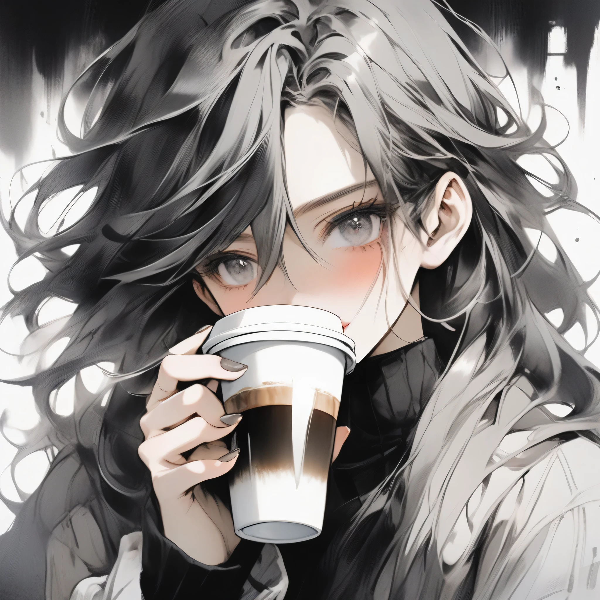 Highest quality,Paint art,Illustrator, anime , Realistic ,sketch, 1 person, ,lip,Drinking coffee,(masterpiece,Highest quality), Black and silver hair,Expressionless,Droopy eyes, (masterpiece,Highest quality) ,whole body,