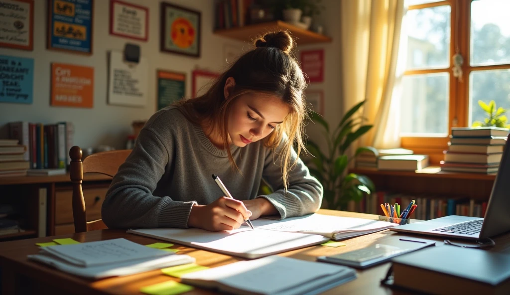 a person writing, crossing off goals from a list, staying focused despite distractions.