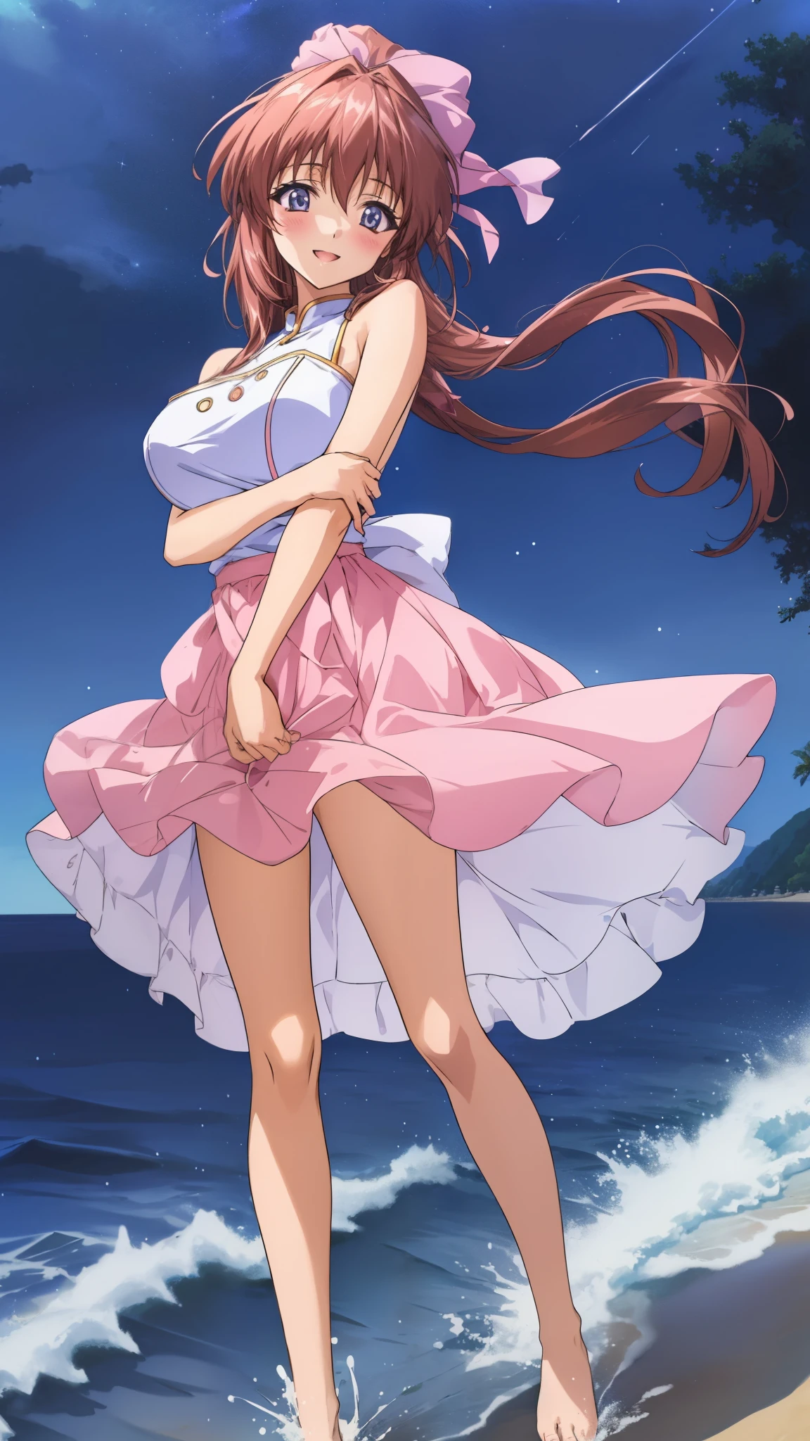 Anime illustration Aoikan, 1 person, pink slender Line dress, Hair Ribbon, Big Breasts、 blush, Cute Smile Open your mouth, Are standing, (She walked along the starry beach at night, touched the water with bare feet, and came closest to that smile), Skirt Lift, barefoot, Two Arms, (cinematic angle:1.1),