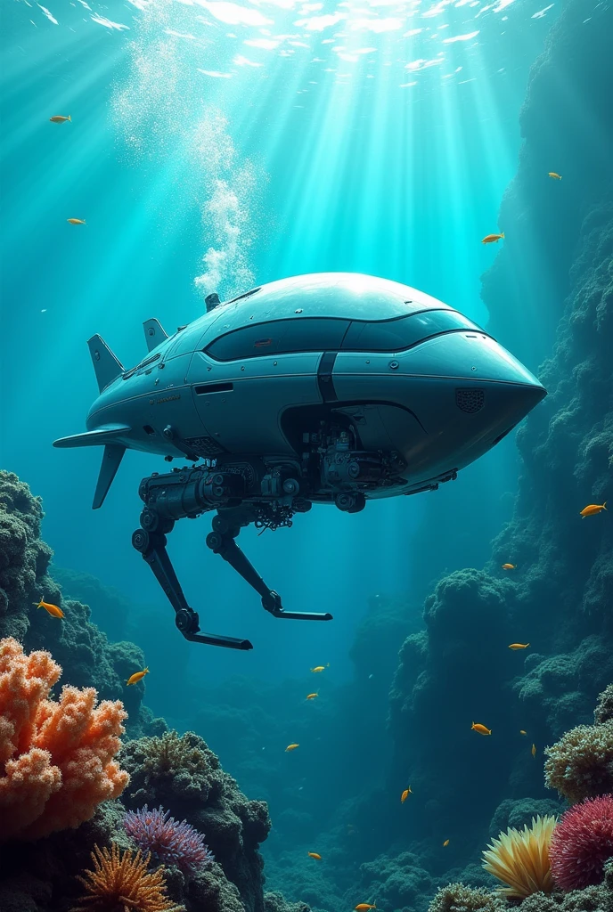 a marine robot with a claw below it