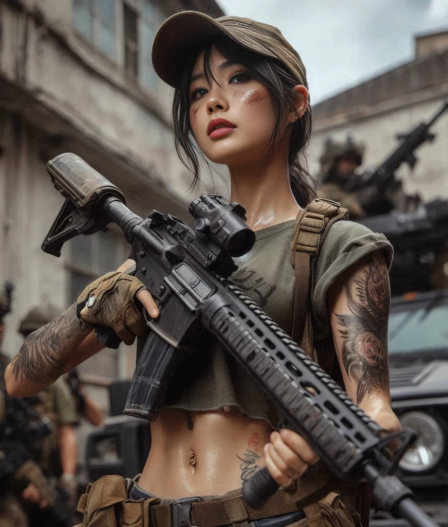8k,Realistic Photo、Realistic Skin Texture、Superrealism、Japanese women in the U.S. military、Tattoo、cap、tactical pants、Short sleeve shirt、Beauty、American cityscape、Old building、Automatic rifle、Heavy equipment、Covered in scars、It is dirty、muscle、The background is out of focus、While avoiding gunfire aimed at the vehicle、Desperate look、Dramatic composition、action、Fierce Battle、Hold on、Ace