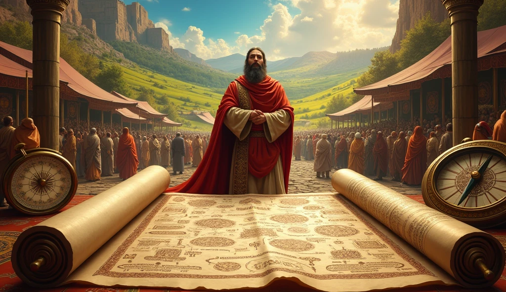 Create an image that symbolizes financial planning with a biblical twist. Show an unrolled ancient scroll with a detailed strategic plan, while Solomon, in a vibrant market scenario, observe carefully. Ao fundo, an illustrative mural divides the scene into two parts: one shows prosperity and growth, with green fields and robust buildings, representing the result of diligent planning; the other shows a barren and deteriorated landscape, representing the consequences of haste and lack of planning. Add elements like an antique compass and calculating tools to reinforce the importance of strategic and careful guidance..