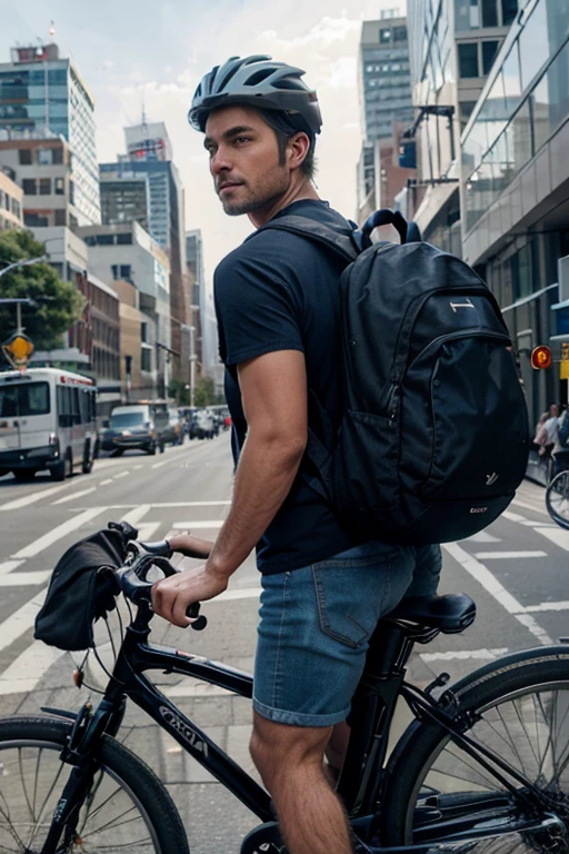 A man in his early 30s is riding a bicycle through a busy city street. He’s dressed in a casual outfit—jeans, a T-shirt, and a backpack. His body is positioned upright, with one hand gripping the handlebars and the other adjusting his helmet. The cityscape features tall buildings and bustling traffic, while pedestrians walk on the sidewalks.