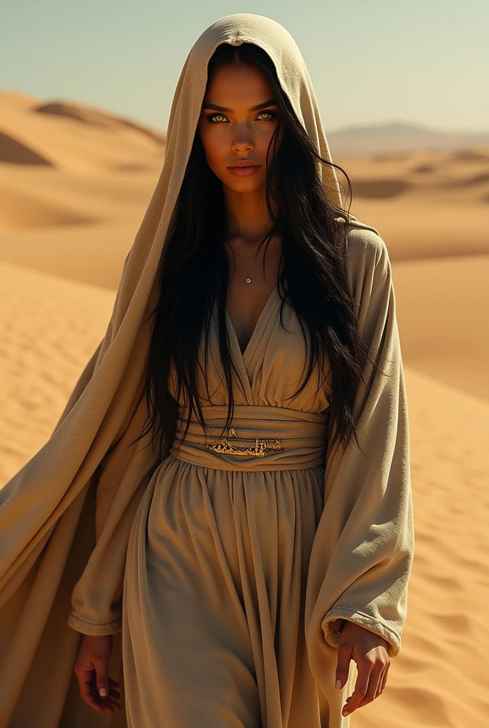 Beautiful woman with black hair and yellow eyes wears a robe that covers her head, is in the desert ,Realistic digital art Only the face is visible, dune movie style
