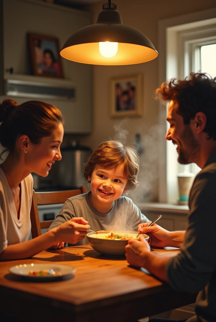 A BOY NAMED BRANDON IS EATING SOUP WITH HIS PARENTS