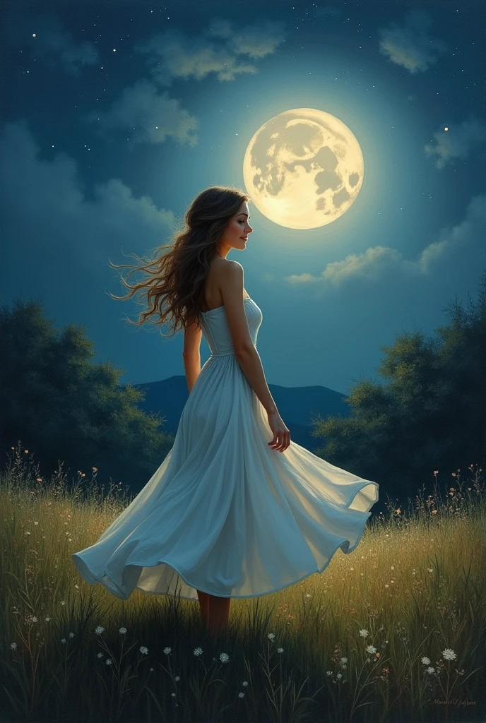 A delight oil painting of A sweet woman standing in a moonlit meadow, her dress gently moving in the breeze as the dim silver light of the moon enhances her curvy form against the darker dark landscape. Her pose is inviting.