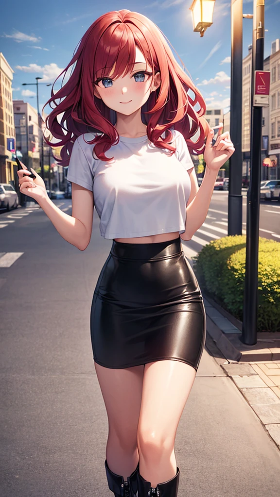 masterpiece, best quality, highres, high detail, beautiful woman, wavy hair, red hair, (white cropped t-shirt and leather jacket), black midi pencil skirt, boots, looking at viewer, light smile, spring garden, cloudy sky, city, city street, sidewalk, street lamp, park, trees,