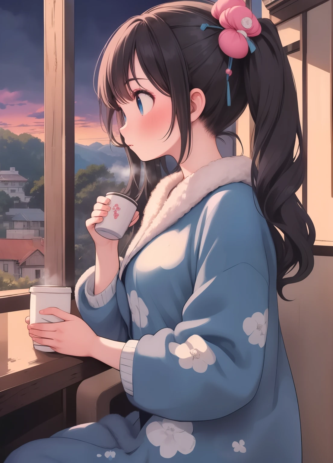 (masterpiece、Highest quality、Highest quality、Official Art、Beautiful and beautiful:1.2)、(One person:1.3)Hatsune Miku、Twin tails,Beautiful breasts, Katsushika Hokusai,(masterpiece), (Highest quality), (Very detailed),Antique House,One person,nostalgic,lodge,is traveling,Shiny black hair, Wide-angle, blue eyes, Medium Hair,
 Antique Cafe, At dusk, Hold the coffee cup with both hands