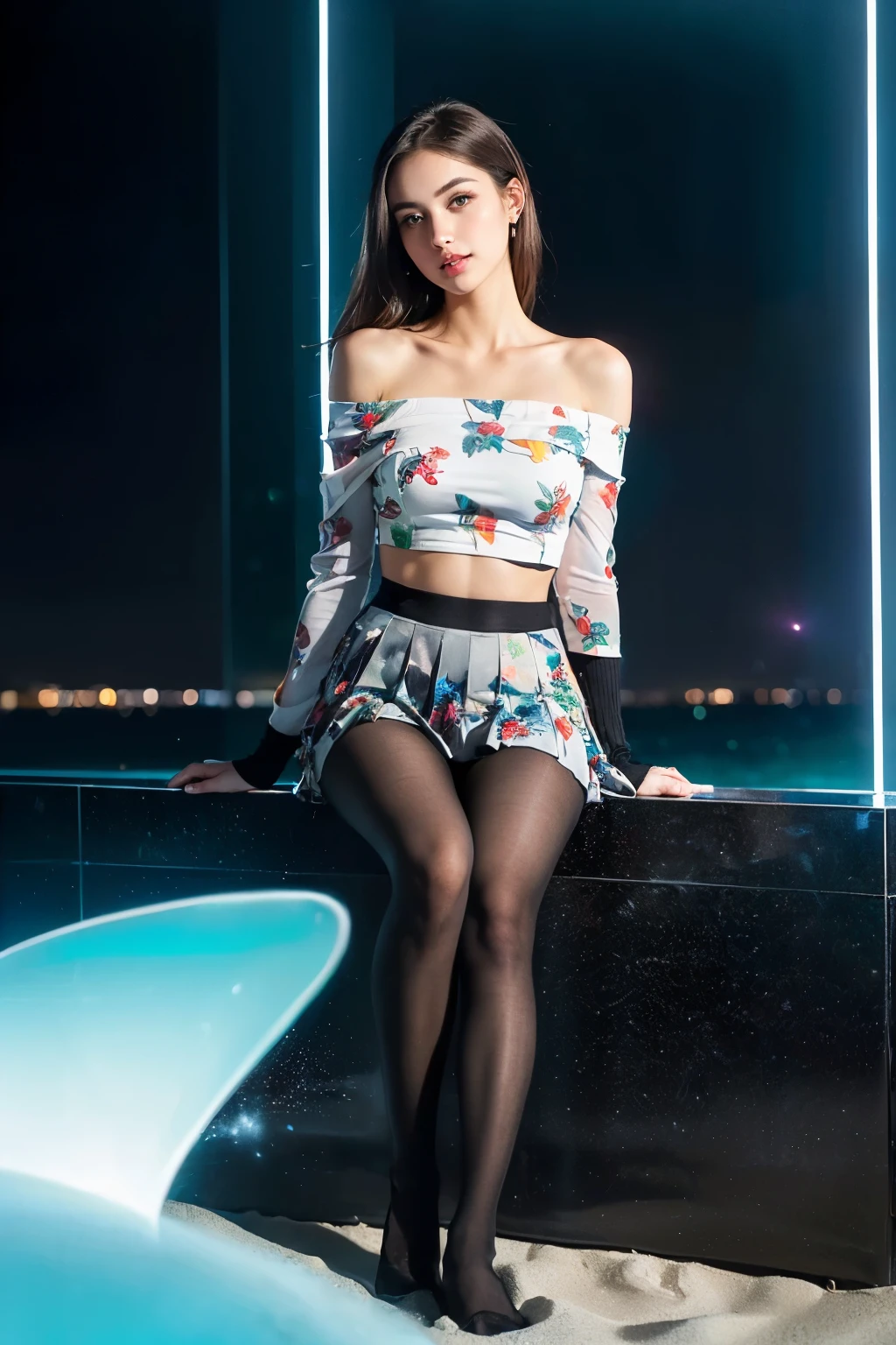 (((masterpiece:1.4, Highest quality:1.4, 8k,))), Ultra-high resolution, Physically Based Rendering, Portraiture, Super beautiful sexy woman, 24-years-old, Large eyes with great detail, Thin eyebrows, Eye highlights, (Dark brown super long straight half-up hairstyle), Highly detailed face and skin texture, Clear focus:1.2, Slender beauty:1.4, Slim Abs, Tight waist, (A kind smile:1.2), ((Transparent black cropped tight knit, Side bust:1.3, Off the shoulder:1.4, No sleeve, Pleated mini skirt, Super realistic modern print pantyhose:1.6)), ((Sitting on a beach chair、Full Body Shot:1.4)), (Stand with your legs wide apart:1.3), ((Skyscraper night view:1.4, Luxury pool room, An all-glass hotel)), (((A large amount of glowing particles flying through the air:1.2))), (((Look forward, From below))),