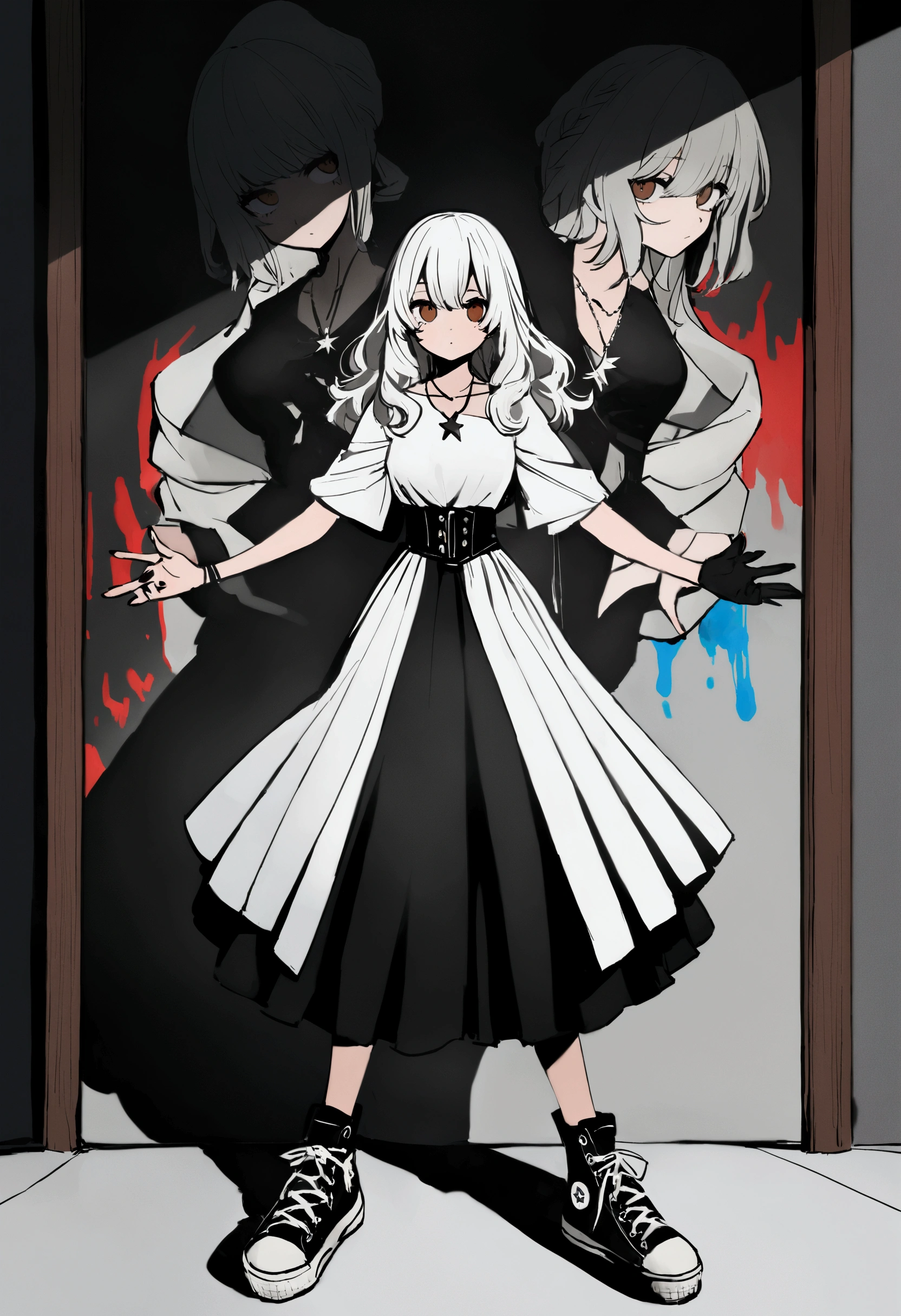 Full body girl from metro 1,56 with medium long wavy white hair with brown eyes and a line like shading under the eyelid like kitsune, normal-toned leather with a single small silver-colored star necklace, and a white top with a 66 cm waist and black shorts with 88 cm legs and dark black hands of paint that goes up her arms like lightning but her hands are completely dark brown and dark black nails and tennis shoes with double high soles with a design style like converse but being totally white with a pose that shows the hands and the background is the room on her walls posters of bands looking at the camera