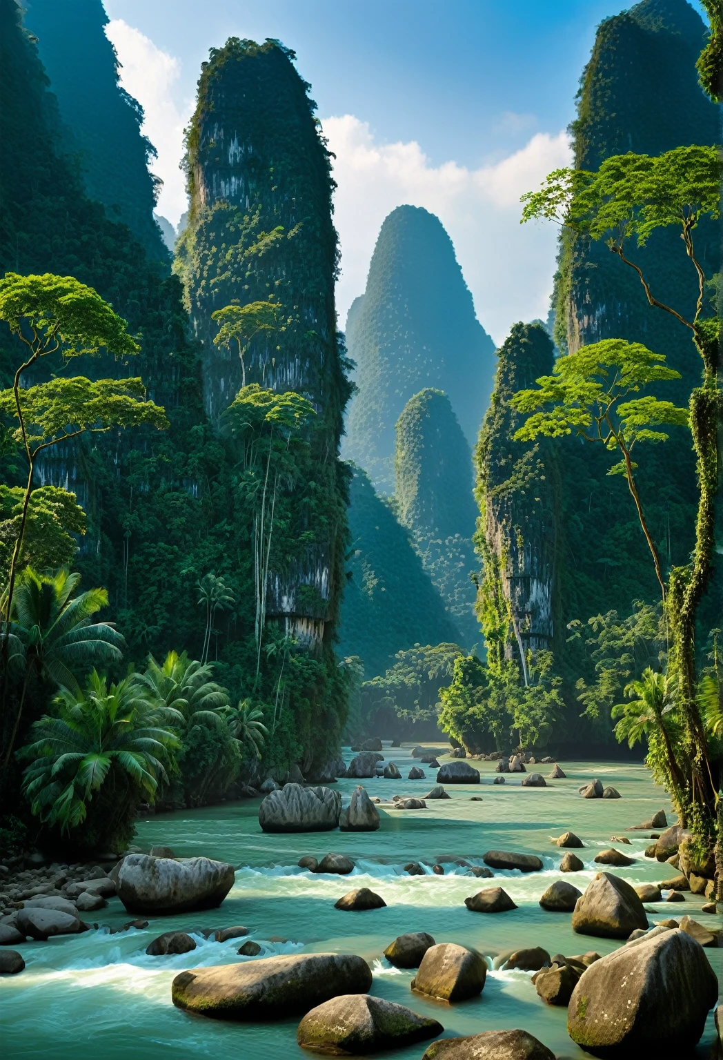 arafed view of a river with rocks and trees in the foreground, karst pillars forest, beautiful jungle landscape, mountainous jungle setting, beautiful jungle, jungle landscape, jungles of vietnam beautiful, rainforest mountains, majestic nature scenery, alien breathtaking landscape, . background: jungle river, an alien jungle, malaysia jungle, mountains river trees, ancient alien jungle