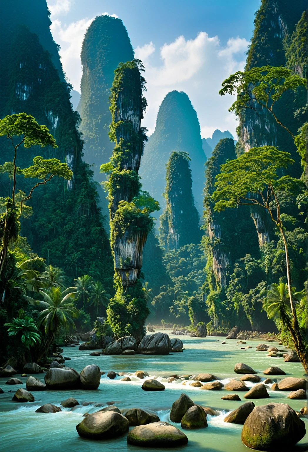 arafed view of a river with rocks and trees in the foreground, karst pillars forest, beautiful jungle landscape, mountainous jungle setting, beautiful jungle, jungle landscape, jungles of vietnam beautiful, rainforest mountains, majestic nature scenery, alien breathtaking landscape, . background: jungle river, an alien jungle, malaysia jungle, mountains river trees, ancient alien jungle