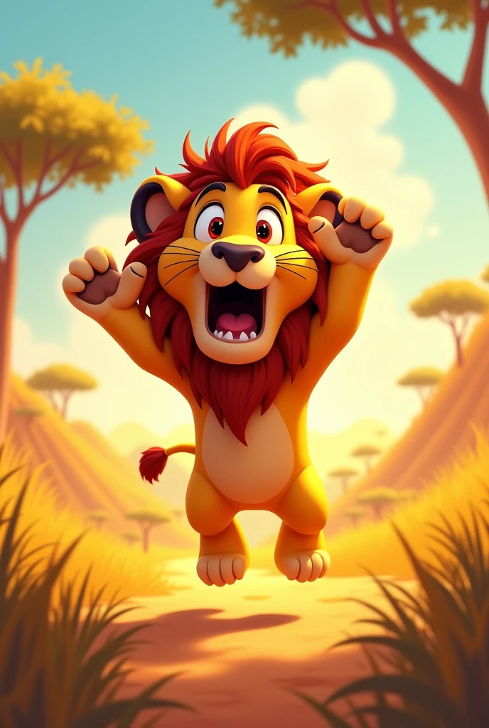 A lion falling into a frame and with a surprised face and in an animated style and with a 2D drawing with the lion looking to the left