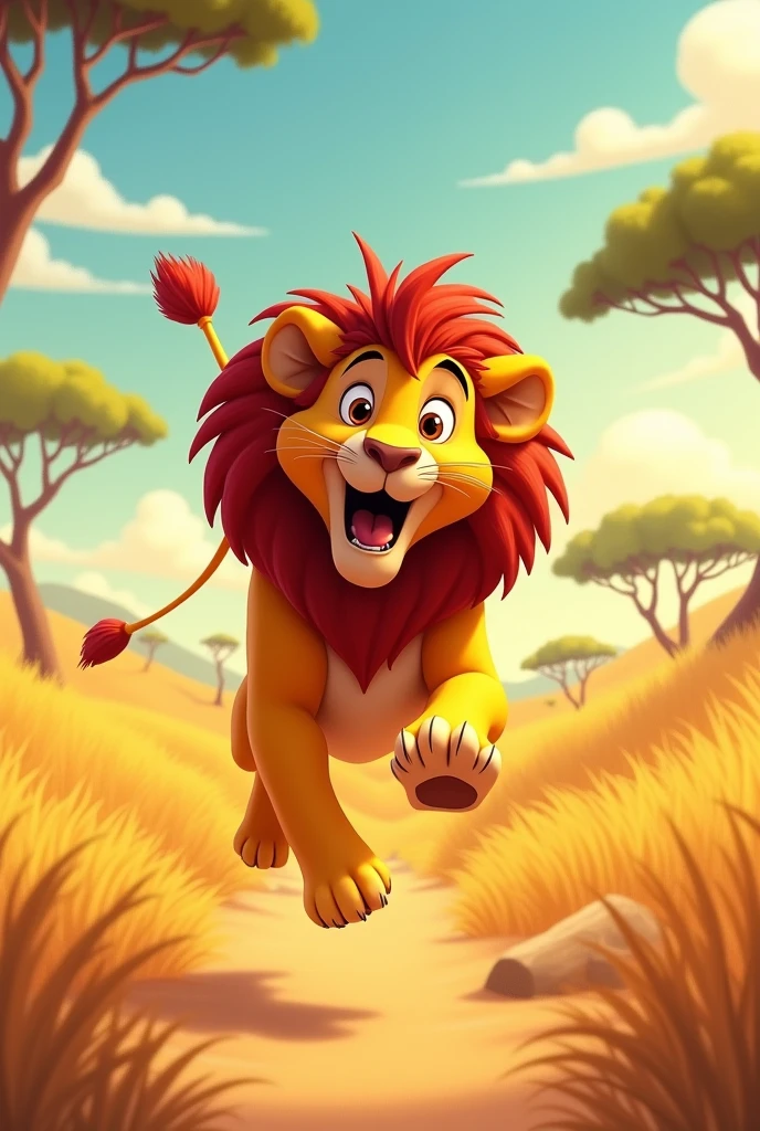 A lion falling into a frame and with a surprised face and in an animated style and with a 2D drawing with the lion looking to the left