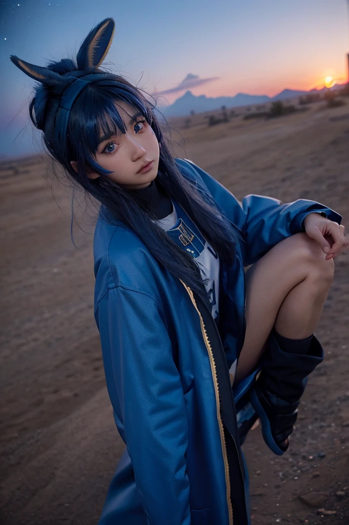 Empty City, A town above the clouds, Sky City,Black Eye,Blue haired, wearing a duffle coat, Falling from the sky, Nitocris、In the desert、Stars shine in the night sky、beautiful girl、Show your side
