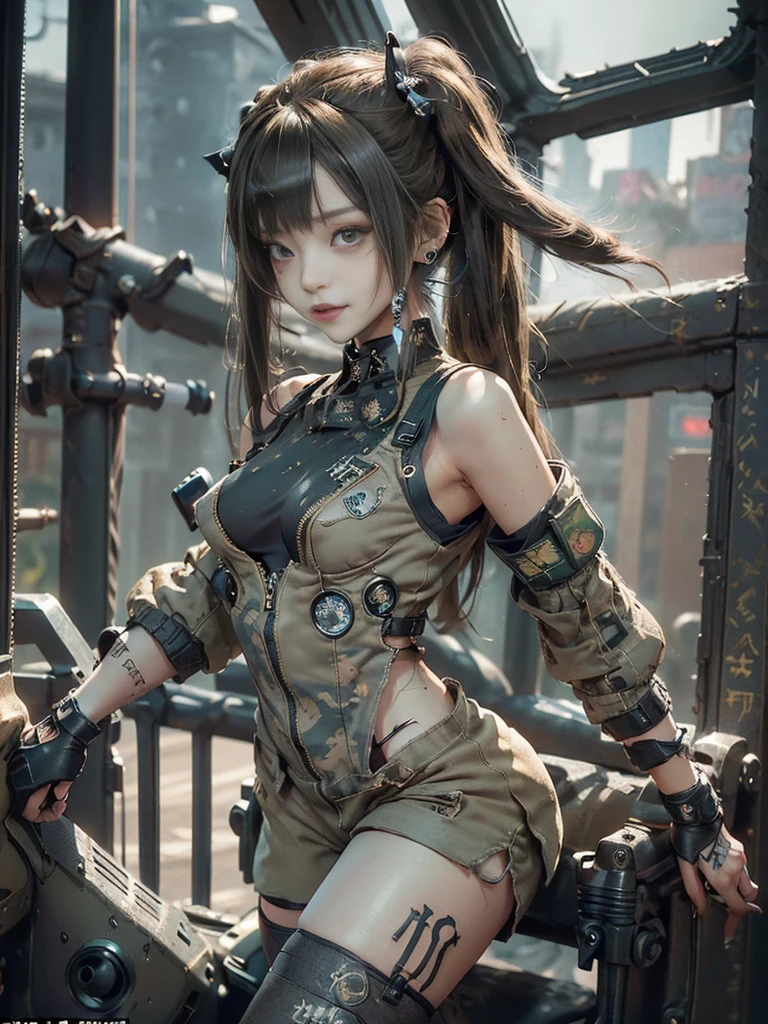 (Full Body View:1.2)、(Side view:1.1)、(Please smile with your teeth showing:1.4),(Shibuya Gal:1.5)、(Goth Style Fashion:1.5)、(Tattered khaki and gray futuristic micro high leg bodysuit:1.5)、(Tattered Khaki and Beige Micro Fancy Sleeves:1.5)、(Tattered khaki micro shorts:1.5)、(Brown and khaki knee socks:1.3)、(camouflage:1.3)、(Military jacket:1.4)、Brown boots、Khaki gloves、internal、(underwear is small:1.4)、23 years old、(Posing as a gravure model:1.3)、((Highest quality、8k、masterpiece:1.3))、One person、The beauty of slim abs:1.3、(Hairstyle Casual、Big Tits:1.1)、dress:1.1、Super small face、Narrow eyes、double eyelid、Laughter、Esbian all over body、Dynamic Angle、Close-up、CPL Filter、Blurred Background、Bokeh、Blue Hour、Detailed face and skin texture、Detailed Eyes,(Twin tails:1.3)、(Golden brown hair:1.4)、Gravure idol pose、(The background is the cockpit of a futuristic weapon.:1.3)、(The body is slim:1.2),(Slim legs:1.4),(clavicle:1.1)