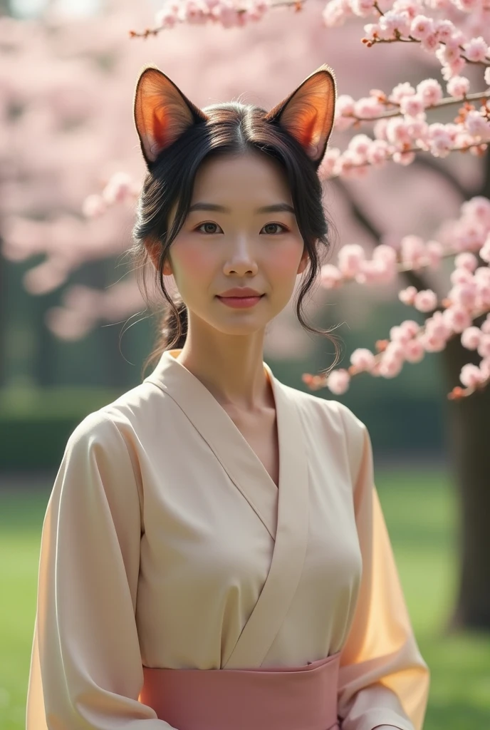 A graceful 50-year old Japanese woman who is wearIng a beige blouse with her long hair tied into single bun at back of her head. She has cat's ears. The cat ears are proportionate and blend naturally with her hair. Make it a realistic image but not photo like. Front side of the cat ears are all pink without white fluffy fur. The back of the ears should be calico pattern which has patches of white, black, and orange colors. The cat ears shoukd be smaller amd rounder.