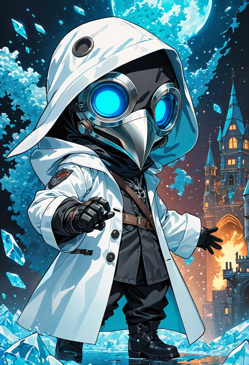 (masterpiece, best quality:1.1), (ultra highres, ultra-detailed:1.2),pop-art style,flatcolor, (he uses ice magic),(in front of the ice fortress), BREAK chibi-boy,((wearing plague-doctor costume,plague-doctor mask)),eyes glow blue,white hood,white lab-coat, mecha arm,dynamic action,dynamic pose,floating,