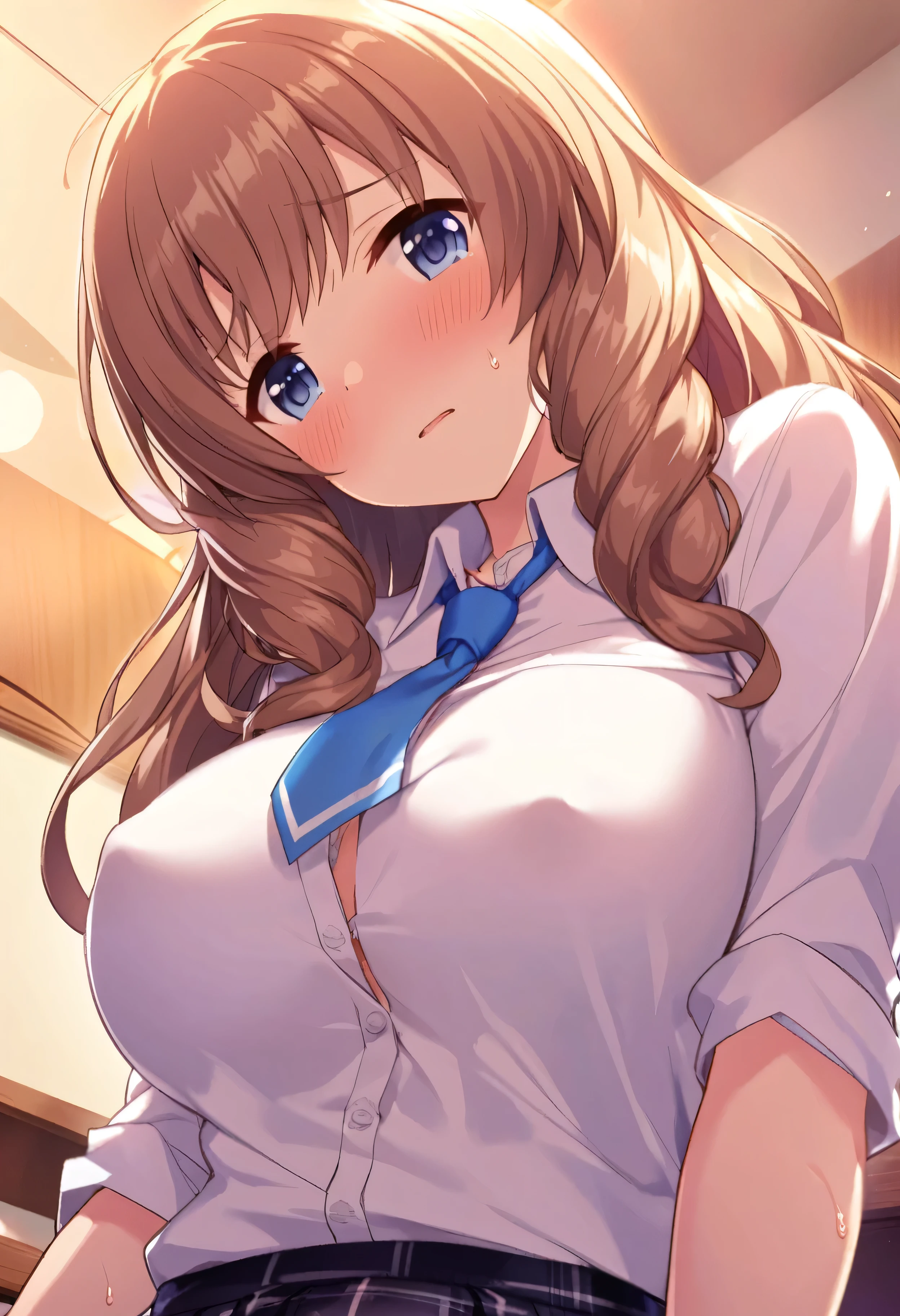 (masterpiece, highest quality), 1 girl, (ALGL:1), (ALGLZion, Zion:1), (Zion hair:1), (Zion eyes:1), chest, medium chest, large chest, looking at the viewer, from below, standind, turn your arms behind your back, All limbs、full finger, Woman in white collared shirt, A woman wearing a blue and black plaid miniskirt、woman wearing a blue tie、School、classroom、embarrassed, bare breasts, nsfw, nsfw, sweat,